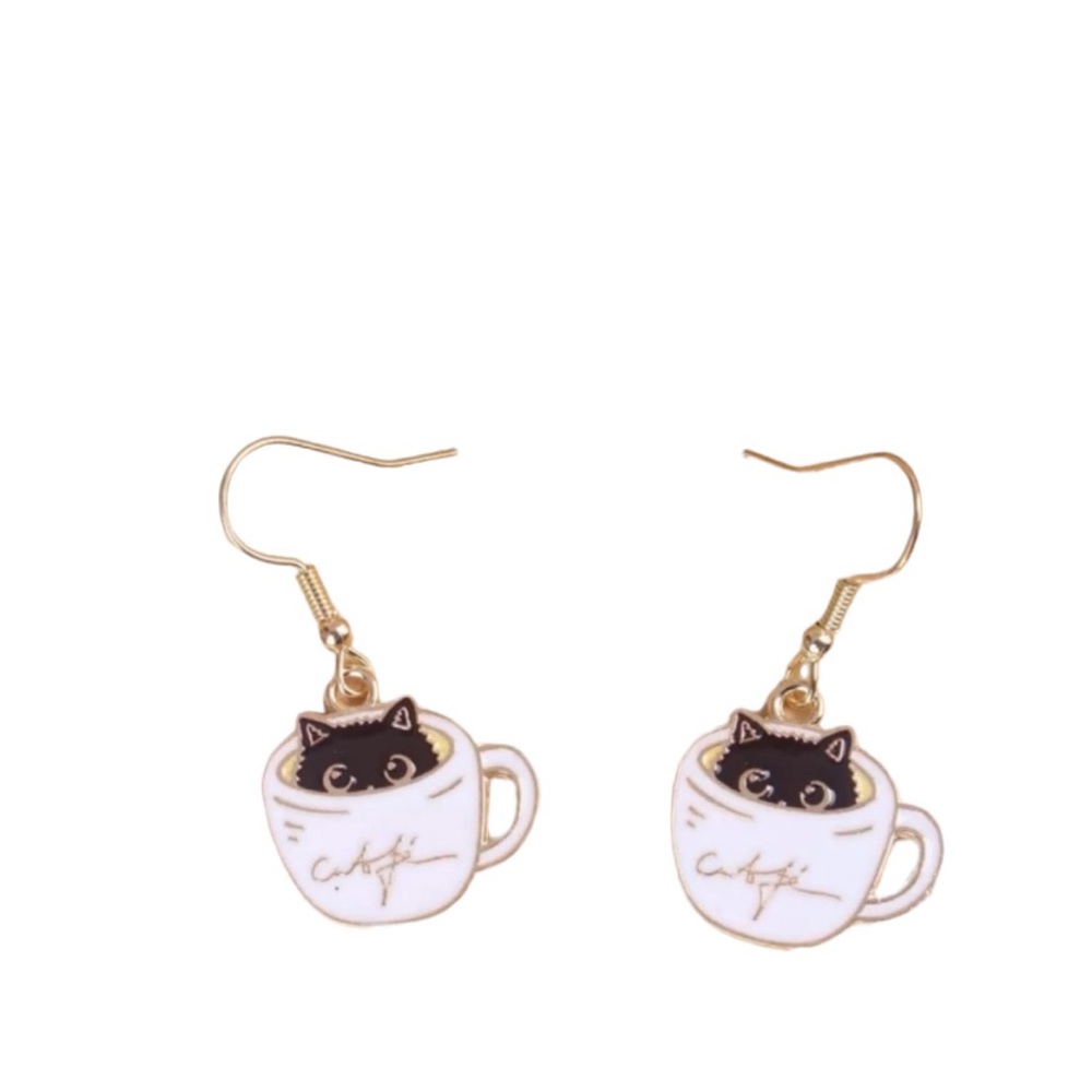 Peeking Cat in Mug Drop Style Earrings